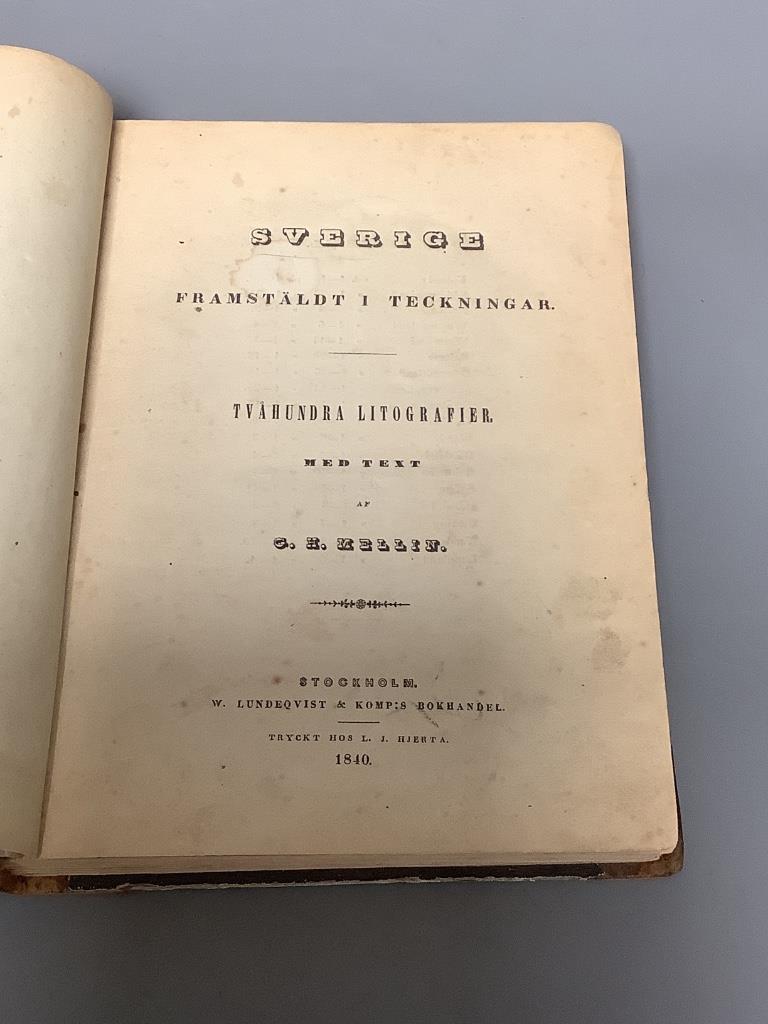 Mellin, G.H. – Sverige Framstaldt I Tecknigar, 2 vols, 224 lithographed plates, original half leather and gilt-lettered cloth boards, Stockholm 1840